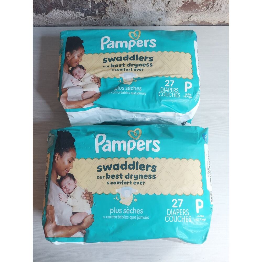 Pampers Swaddlers Diapers Preemie P Sz 6 lbs Newborn Baby Lot 2 Packs 54 Count